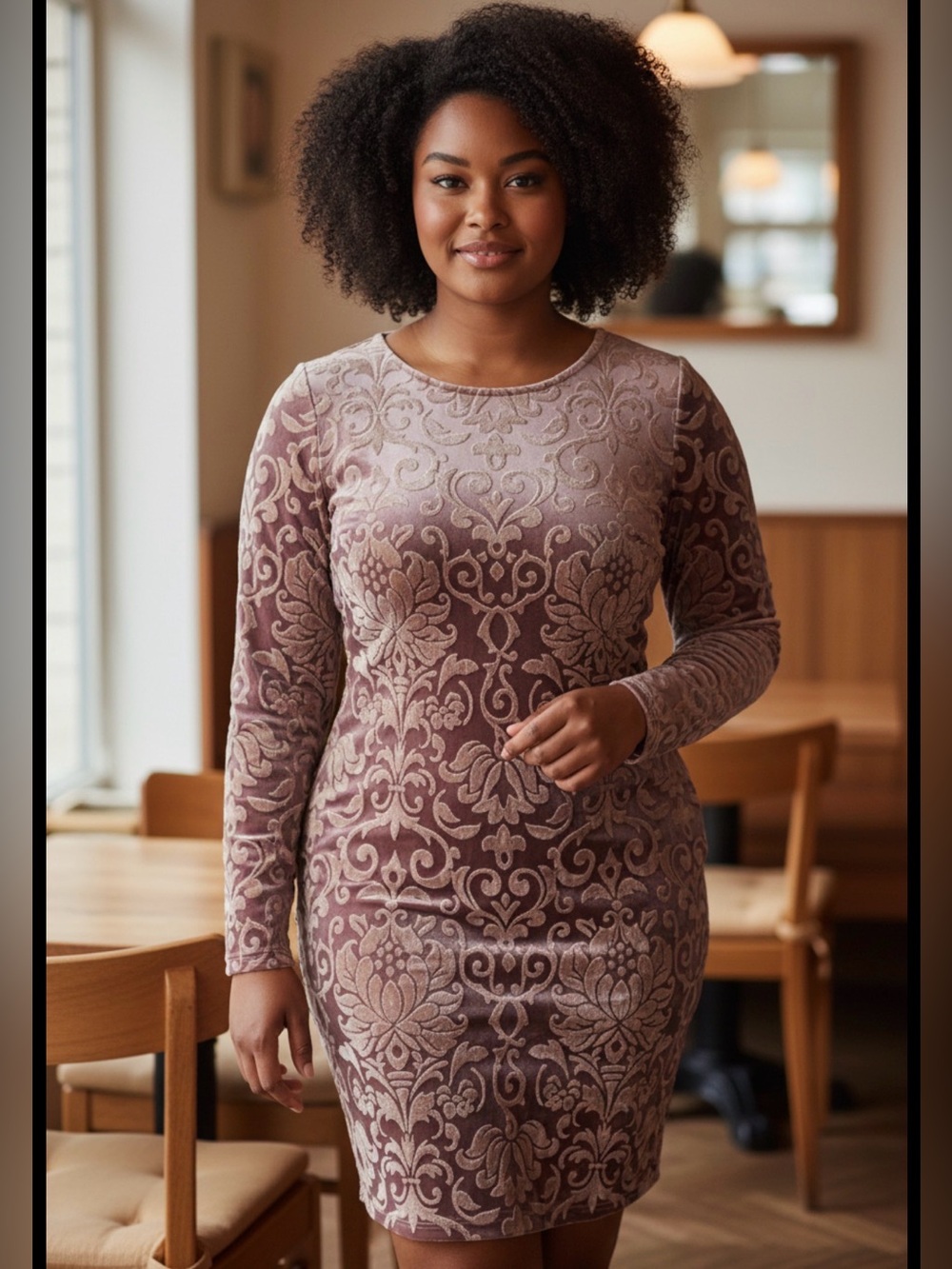 IRIS - Mauve Cream Velvet Burnout Long Sleeve Bodycon Dress